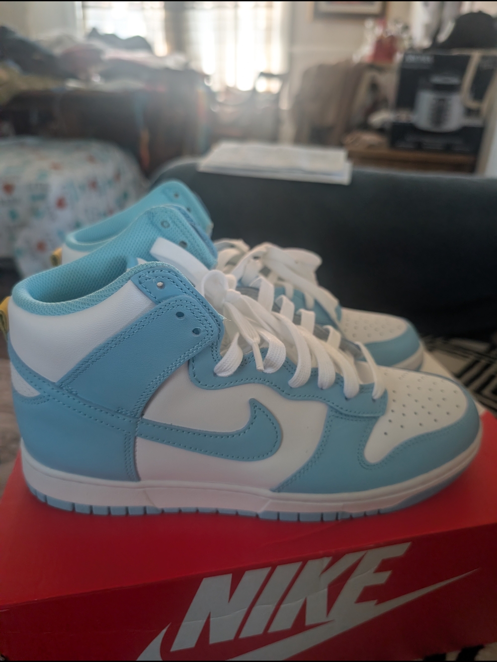 Nike Dunk Hi Retro Men's Mid-Top Athletic Sneakers in Light Blue and White